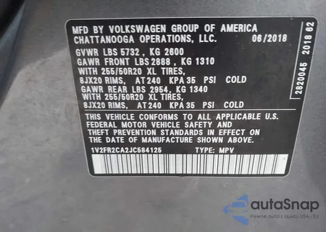 2018 Volkswagen Atlas 3.6L V6 Se W/Technology from USA, damaged, VIN 1V2FR2CA2JC584125